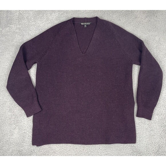 ATHLETA Sweater Womens Extra Small XS Merino Wool Blend V Neck Purple/Eggplant - Picture 1 of 9